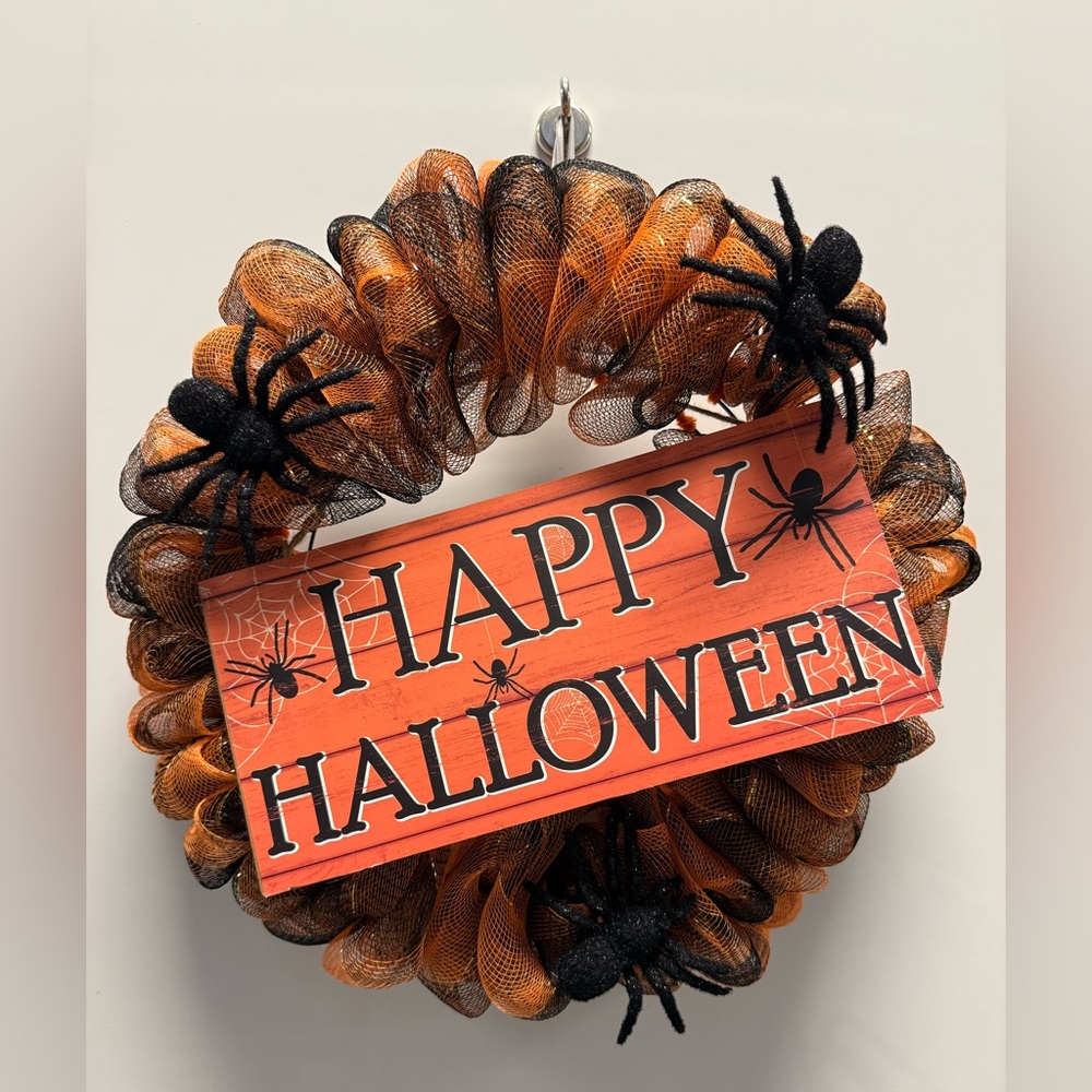 Happy Halloween Spider Handmade Wreath Orange and‎ Black Door Decor New